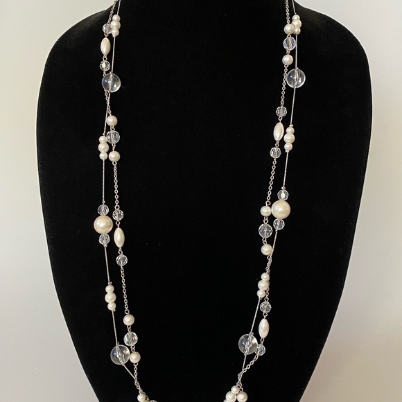 Necklace Two Strands Satellites Faux Acrylic Pearls & Beads Silver Tone 38” - Picture 11 of 11